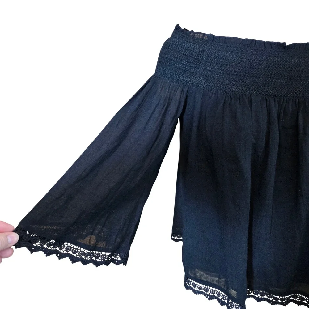Zara Trafulac Black Off Shoulder Smocked Crop Top Bell‎ Sleeve Lace Trim Medium - Picture 3 of 8